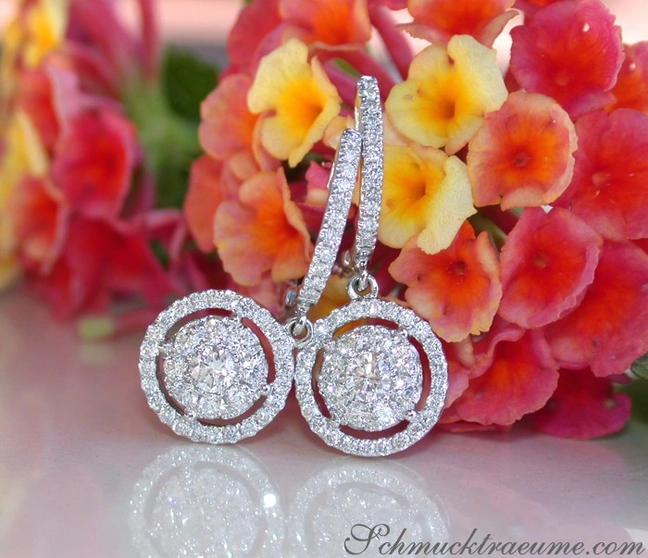 Edle Diamant-Ohrringe in Weißgold 750 vor buntem Blumenhintergrund Edle Diamant-Ohrringe in Weißgold 750 vor buntem Blumenhintergrund