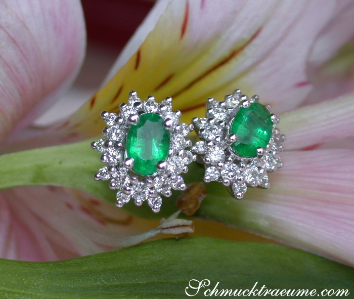Ohrstecker aus Weißgold mit Smaragd und Diamanten, Detailaufnahme, vor Blume.
