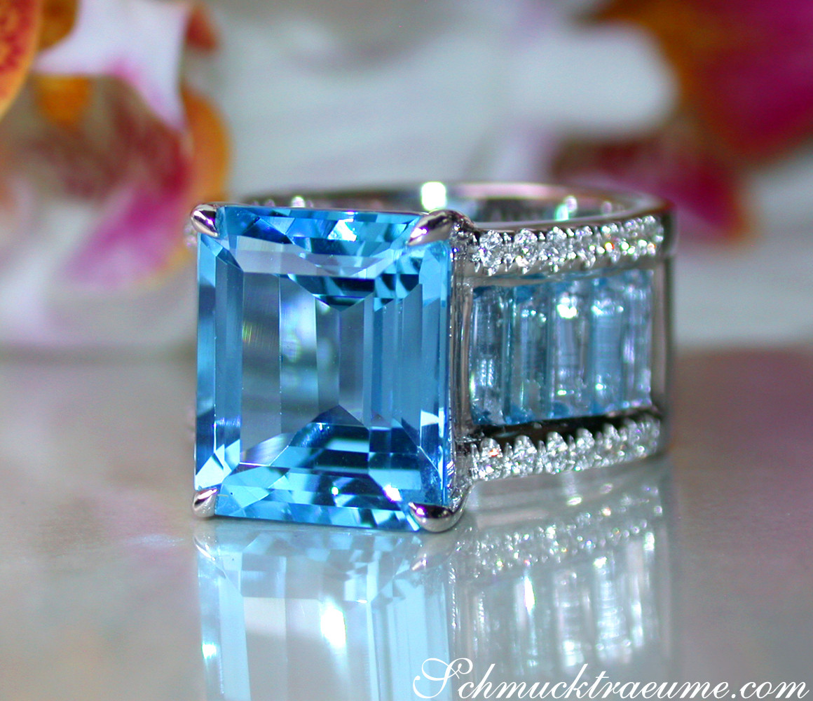 Blautopas-Ring mit Diamanten, massiv, handgefertigt, 585 Weißgold