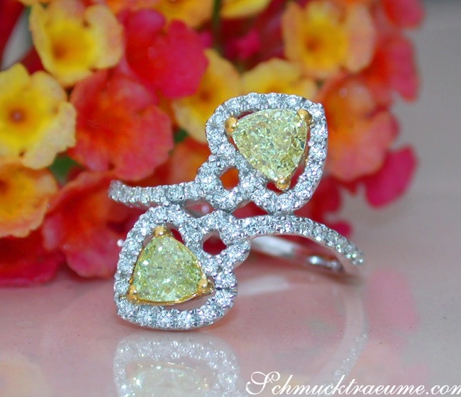 Herzring mit gelben und weißen Diamanten im Herzdesign, Detailaufnahme auf Blumenhintergrund Herzring mit gelben und weißen Diamanten im Herzdesign, Detailaufnahme auf Blumenhintergrund
