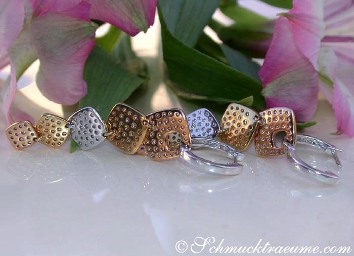 Ohrgehänge aus Weiß-, Gelb- & Roségold mit Brillanten, detailreich, floraler Hintergrund