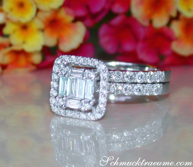 Exklusiver Diamantring mit Baguette und Brillant-Schliff, 750 Weißgold Exklusiver Diamantring mit Baguette und Brillant-Schliff, 750 Weißgold