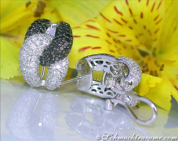 Weißgold-Ohrringe mit schwarzen und weißen Diamanten, Detailansicht, Blüte im Hintergrund.