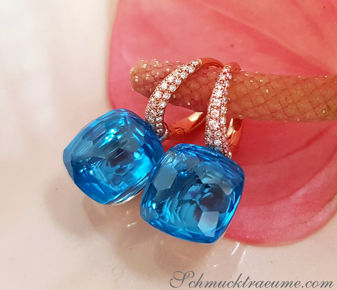 Blautopas-Ohrringe mit Diamanten in Detail, roséfarbenes Gold, klarer Kristall, elegant.
