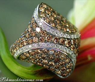 Erstklassiger Ring mit naturbraunen & weißen Brillanten, 3.540 Karat, Weißgold 585