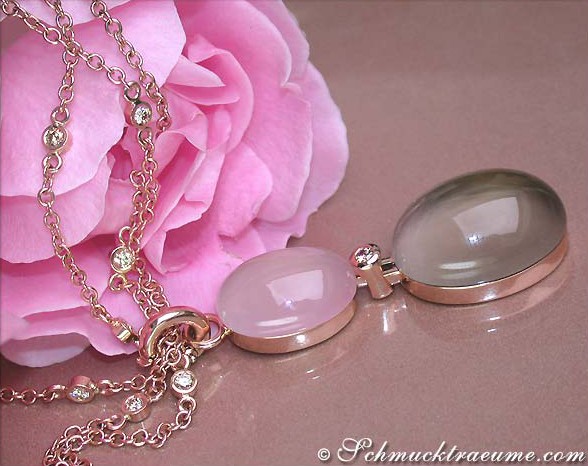 Rosenquarz-Rauchquarz-Collier mit Brillanten in Roségold 750