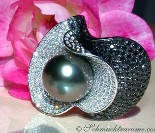 Tahitiperlen-Ring mit 15 mm Perle, schwarz-weiße Diamanten, luxuriöse Schmuckkunst