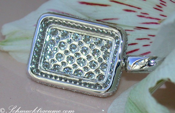 Silberner Diamantanhänger mit Strasssteinen, detailreich, auf Blüte.