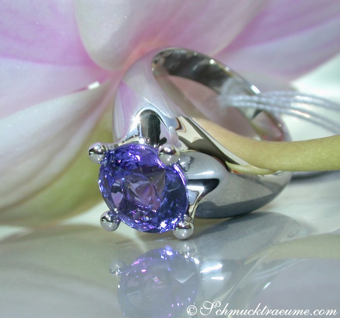 Schlichter Tansanit Solitär-Ring auf Rosenblüte, elegant und auffällig