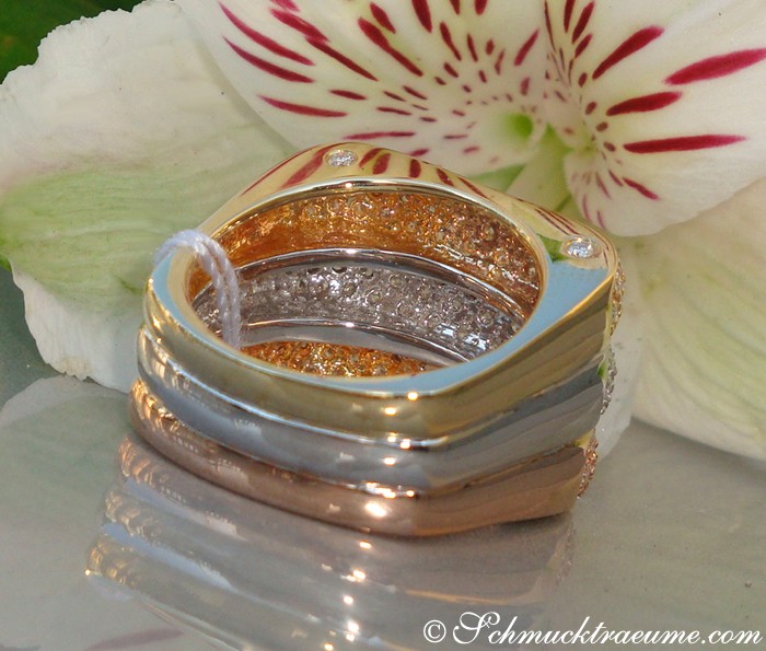 Tricolor Diamanterringe auf Blume, detailreich, modern elegant