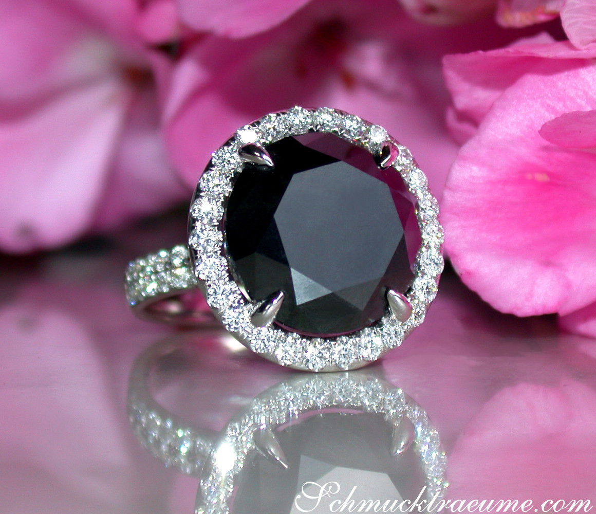 Schwarzdiamant-Solitär-Ring mit Diamant-Halbkreis, 14,58 ct., Weißgold 750