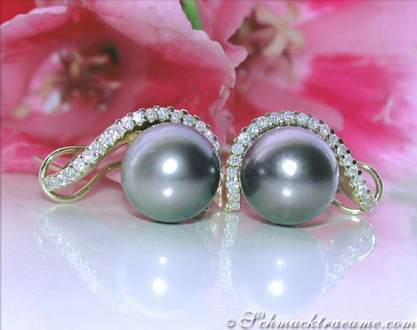 Raffinierte Tahitiperlen-Ohrstecker mit Brillanten in Gelbgold, Detailaufnahme