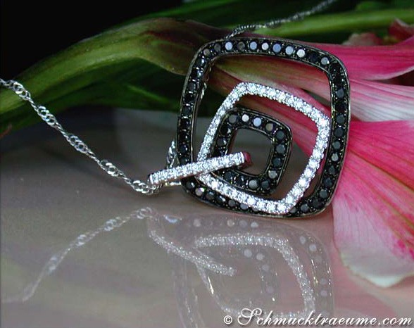 Schwarz-weißer Diamantanhänger auf Kette, Detailaufnahme vor Blume