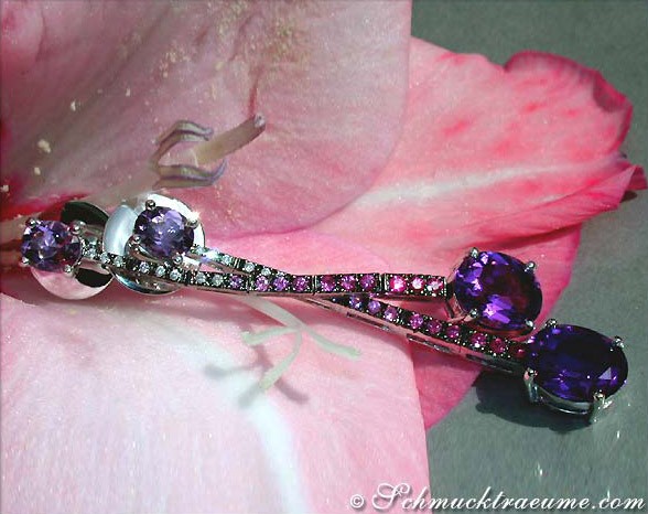 Edle Ohrstecker aus Weißgold 750 mit Amethysten, Rubinen, Saphiren & Brillanten