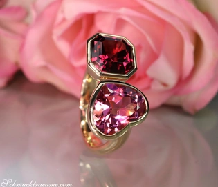 Klassischer Toi et Moi Ring mit Pink Turmalin und Rhodolith in Gelbgold 585