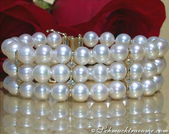 Perlenarmband aus Gelbgold 585, doppelter Brillantenbesatz, drei Reihen, Perlendurchmesser 7-8 mm