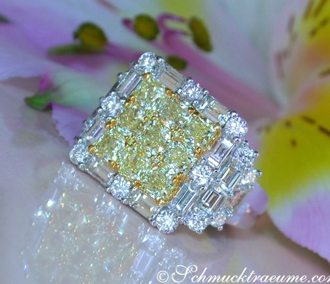 Erlesener Diamantring mit gelben und weißen Diamanten, Detailaufnahme, Blumenhintergrund Erlesener Diamantring mit gelben und weißen Diamanten, Detailaufnahme, Blumenhintergrund