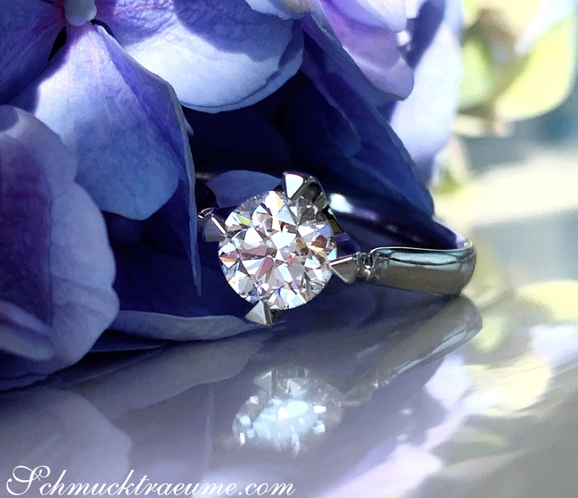 Blauer Blütenhintergrund, glänzender Brillant Solitär-Ring, detailreiche Fassung, Weißgold 750, Reflexion im Glas Blauer Blütenhintergrund, glänzender Brillant Solitär-Ring, detailreiche Fassung, Weißgold 750, Reflexion im Glas