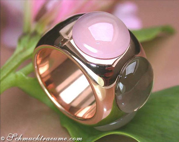 Rosenquarz-Mondstein-Rauchquarz-Ring in Roségold 750
