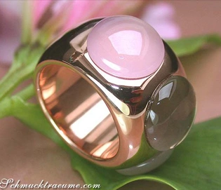 Rosenquarz-Mondstein-Rauchquarz-Ring in Roségold 750