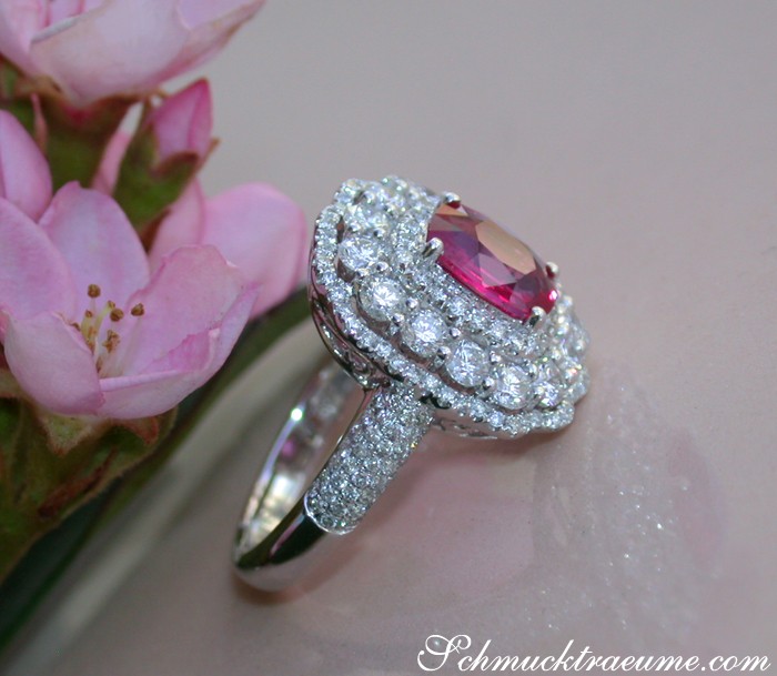 Weißgold-Rubin-Ring mit Brillanten, Detailaufnahme, elegant und luxuriös