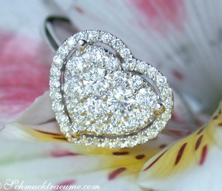 Weißgold Herzring mit Diamanten auf Blume