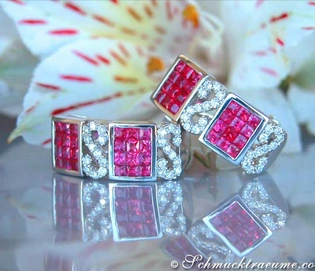 Rubin-Ohrringe mit Brillanten in Weißgold, detailreich gestaltet