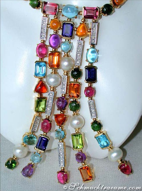 Luxuriöses Multicolor Edelstein Collier mit Perlen & Diamanten - Image 4