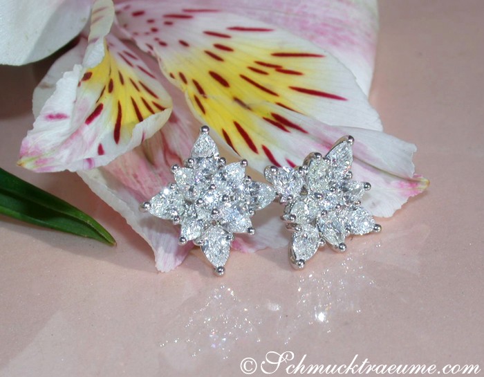 Weiße Diamant-Stern-Ohrstecker auf Blume, Detailaufnahme