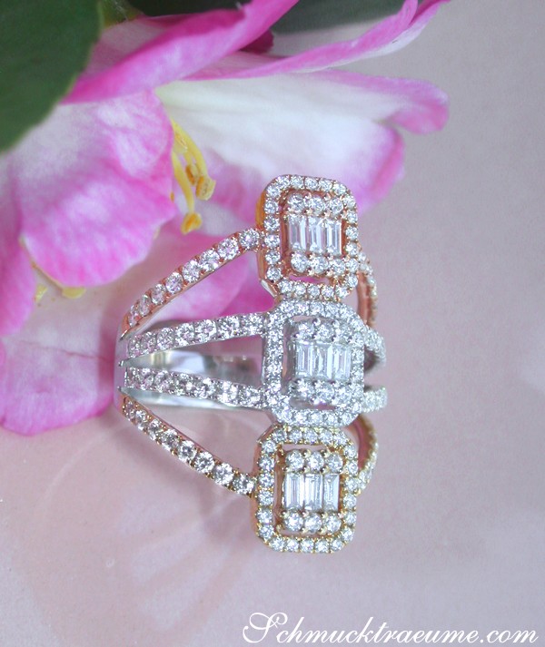 Tricolor-Carré-Ring mit 1.600 Karat Brillanten