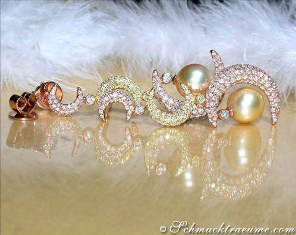 Goldene Südseeperlen-Ohrgehänge mit Brillanten, elegant und luxuriös