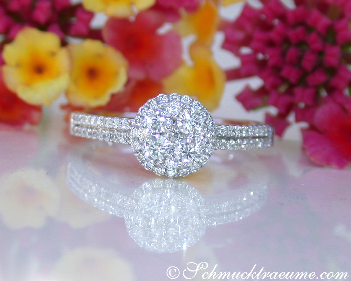 Weiße Diamant-Ring mit 0,55 Karat, verarbeitet in Weißgold 750, vor farbigem Blumenhintergrund.