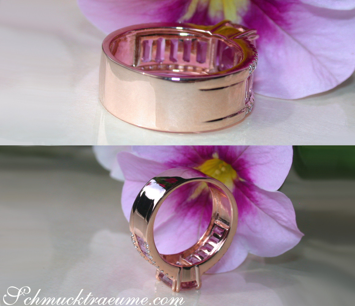 Detailaufnahme eines eleganten Morganit-Rings mit pinken Saphiren und Brillanten in Roségold