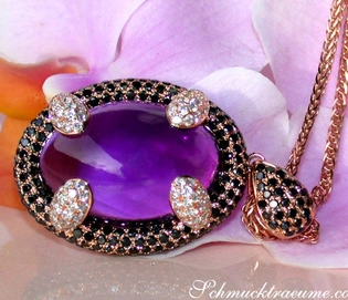 Prachtvoller Amethyst-Anhänger mit Brillanten & schwarzen Diamanten auf roségoldener Kette