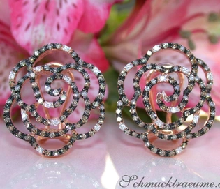 Rosen-Ohrringe aus Roségold mit naturbraunen und weißen Brillanten