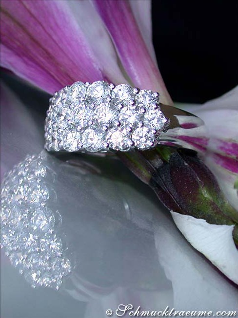 Weißgold-Ring mit 19 Diamanten, Detailaufnahme, auf Blüte getragen
