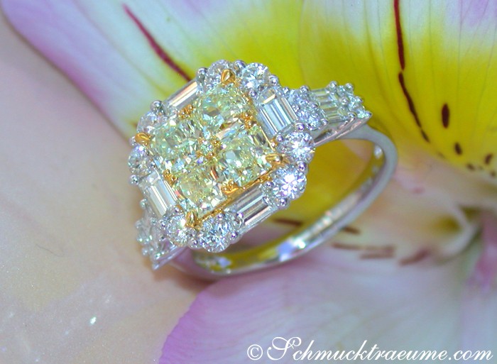 Exklusiver Diamantring mit gelben Diamanten und Brillanten, Detailaufnahme