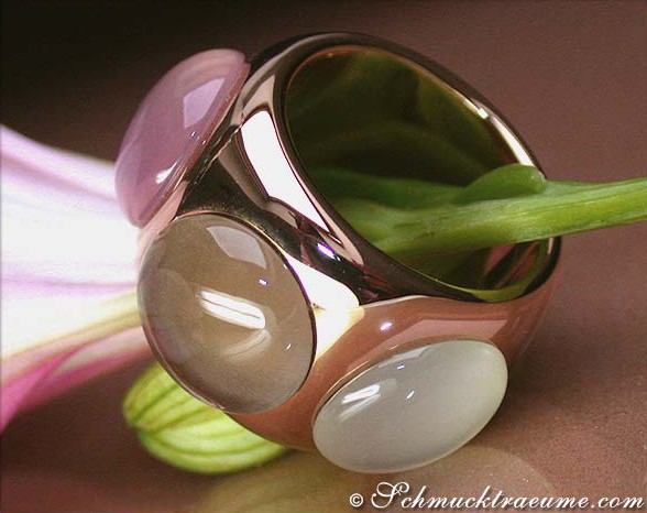 Rosenquarz-Mondstein-Rauchquarz-Ring, Detailansicht, Roségold 750