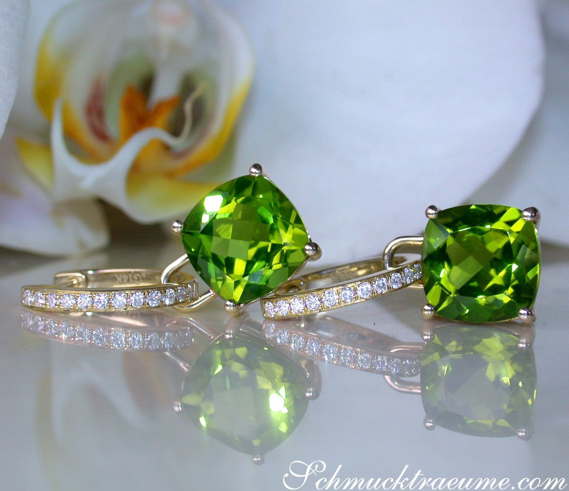 Peridot-Kissen-Ohrringe in Gelbgold 585 mit Diamanten