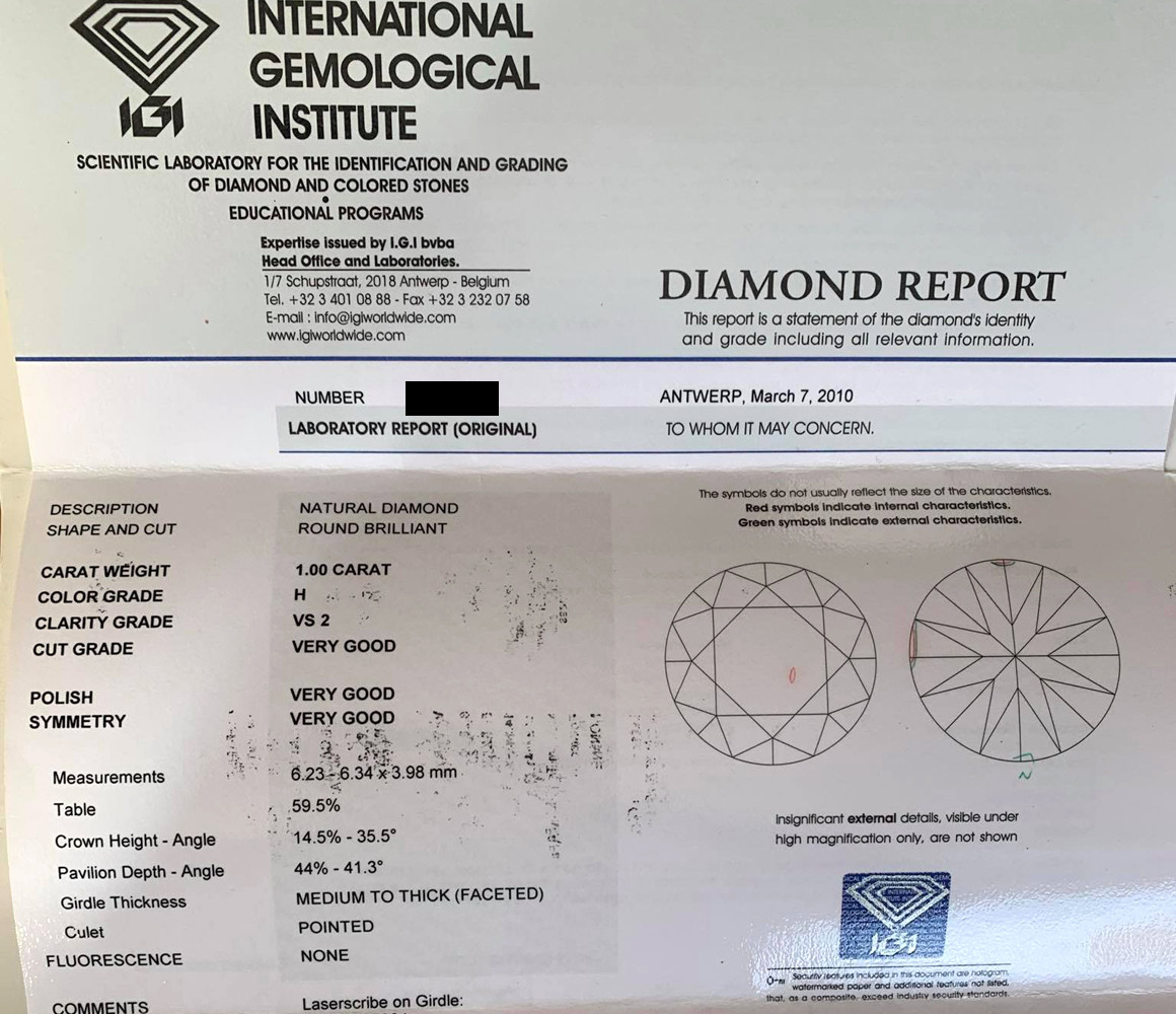 IGI-Diamant-Zertifikat mit Details und Skizzen