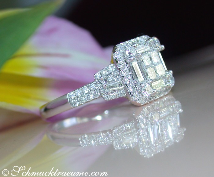 Edler Brillanten-Ring mit Princess und Baguette Diamanten in Weißgold 750