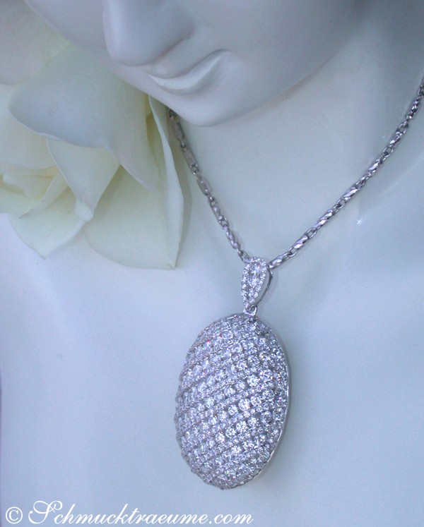 Weiße Diamantanhänger auf Halskette, Detailaufnahme mit Blume im Hintergrund