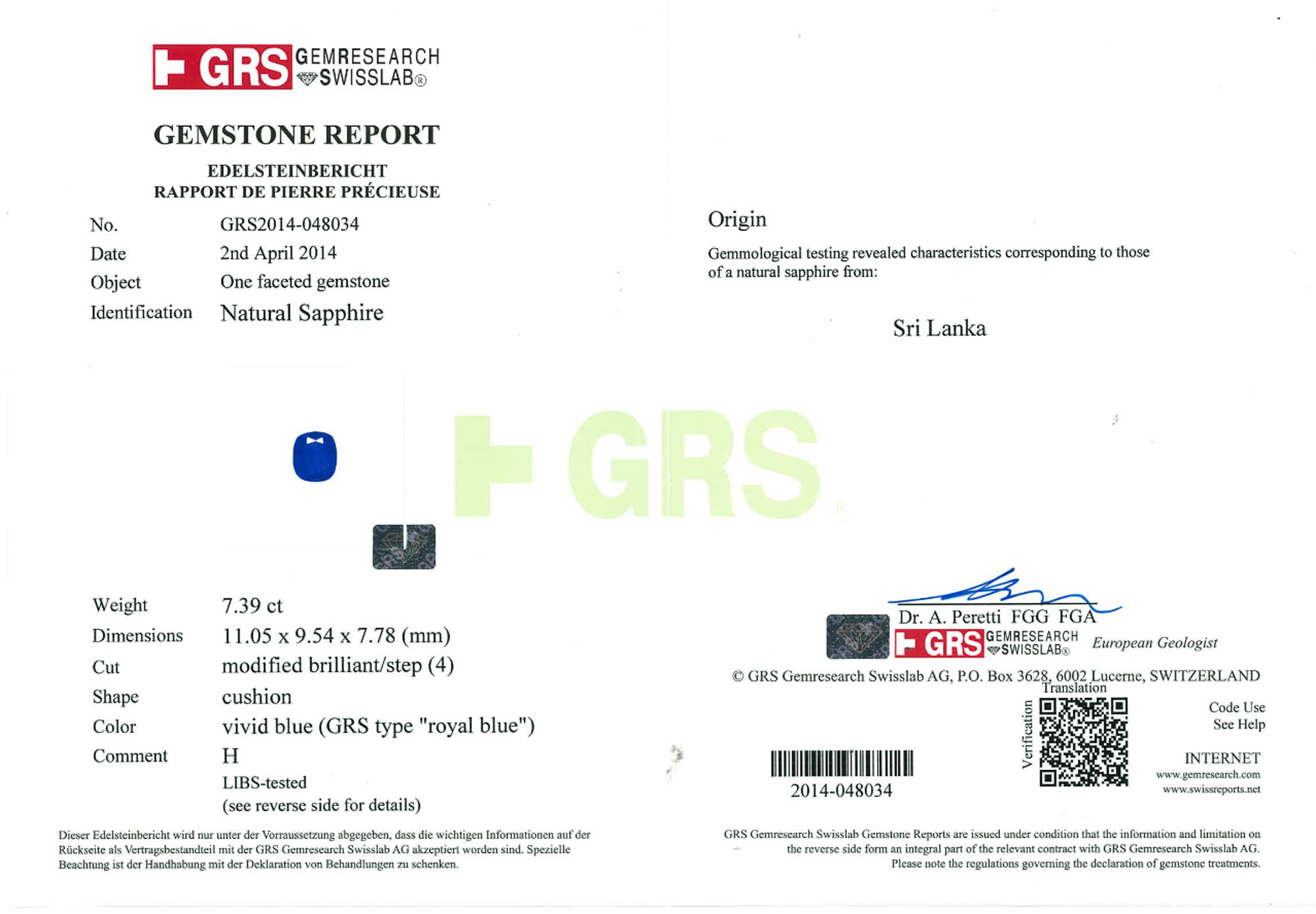 Grundbuch für Ceylon Saphir: 7.39 ct, Blau, weißgold 750, Laborbericht