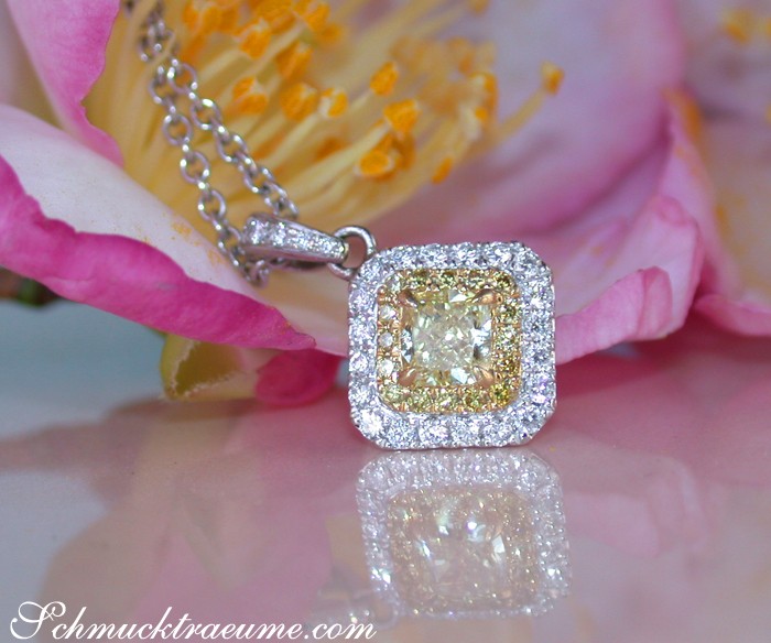 Gelber Diamant Solitär-Anhänger auf Rosenblüte, Detailaufnahme