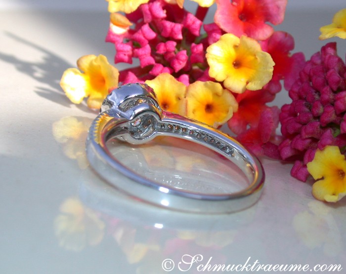 Weißgoldring mit Brillant, Detailaufnahme, farbenfrohe Blumen im Hintergrund