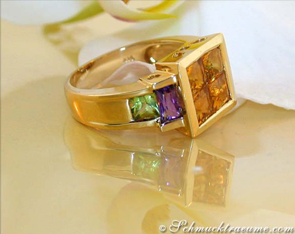 Gelbgold-Ring mit Amethyst, Peridot und Citrin in edlem Design