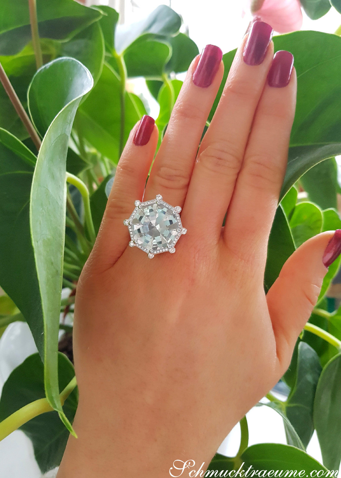 Weißgold-Ring mit Prasiolith und Brillanten, Detailansicht vor Pflanzenhintergrund.