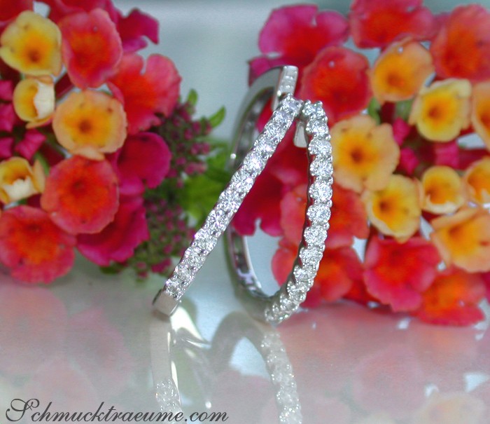 Detail der eleganten Creolen mit Diamanten in Weißgold 750, vor bunten Blüten