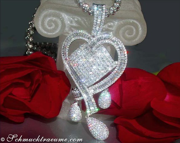 Diamant Herz Anhänger, 9,79 ct., Weißgold 750, Detailaufnahme