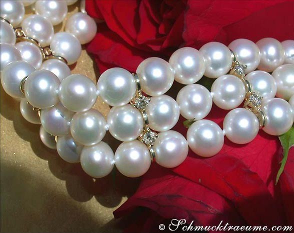 Detailaufnahme eines dreireihigen Süßwasserperlen-Armbands in Gelbgold 585, umgeben von roten Rosenblättern